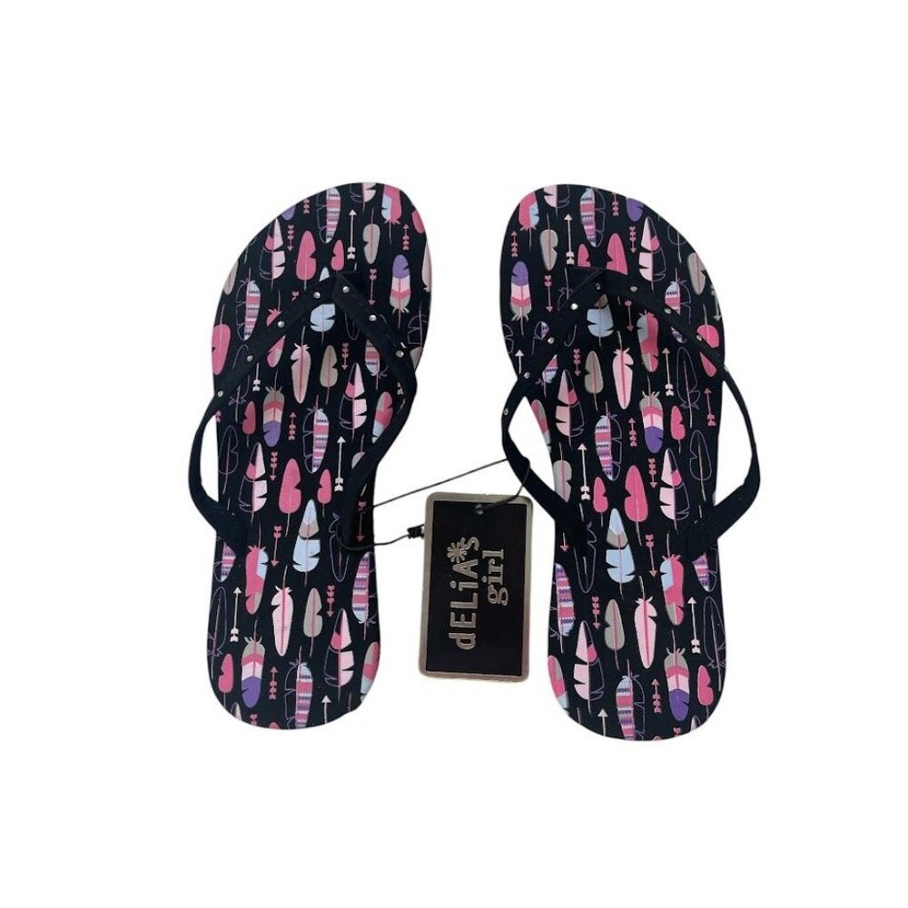 dELiA*'s Girl Rhinestone Flip Flops - Black - Feather Design  11/12